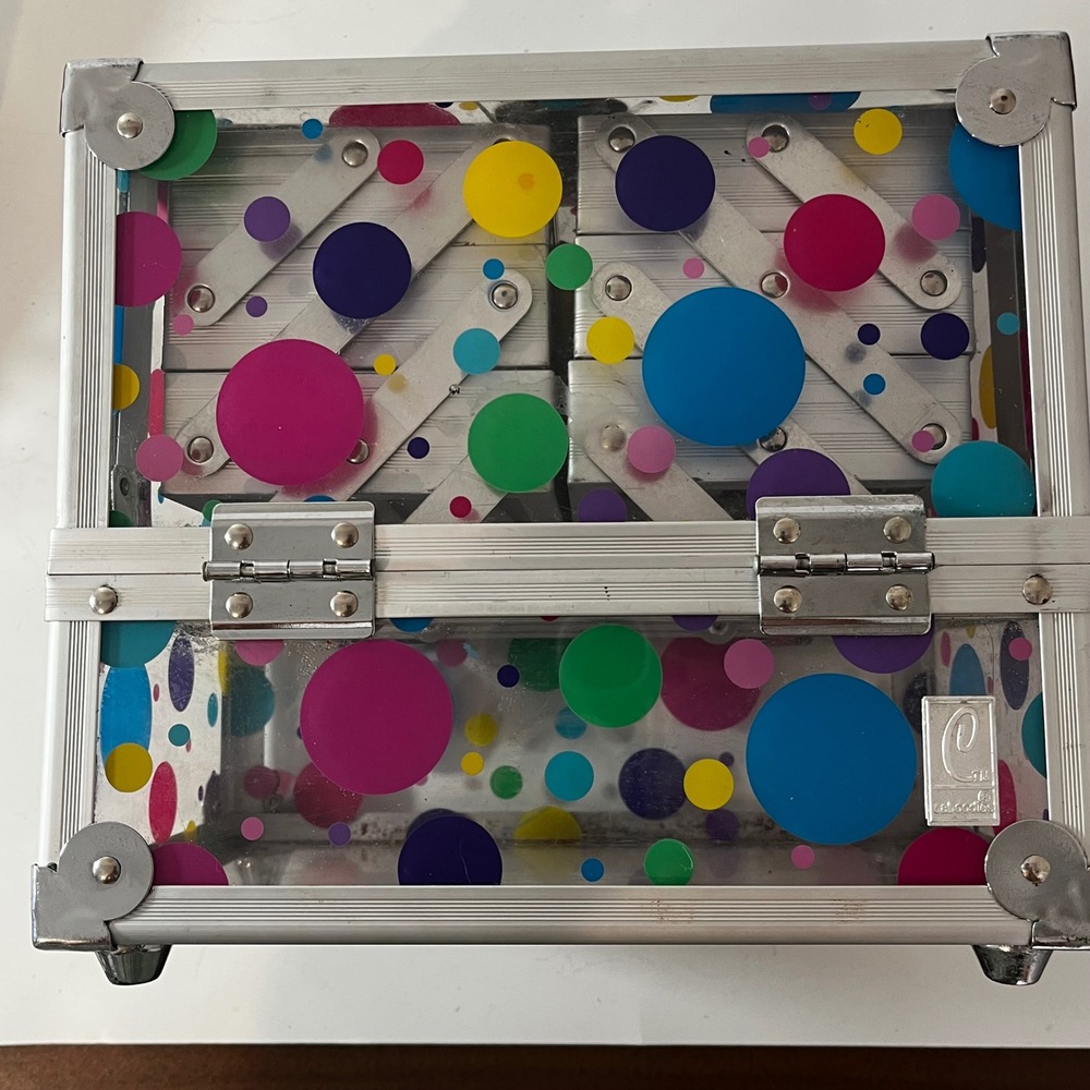 Vintage Caboodles Train Case Makeup Organizer Polka Dot Clear Aluminum 9x5.5x8